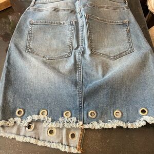 Express Blue Denim Mini Skirt with Frayed Hem and Grommets